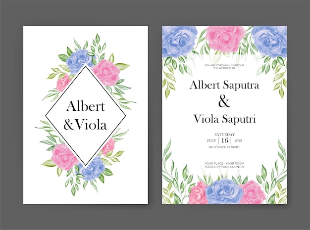ピンクとブルーのバラの花の水彩画の結婚式の招待状のテンプレート