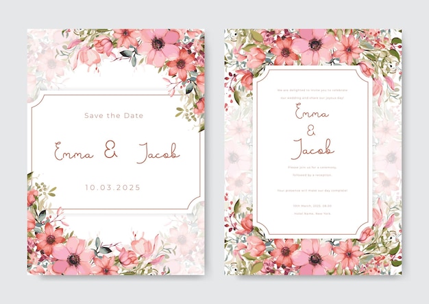 ピンクの花の水彩デザインの結婚式招待状テンプレート