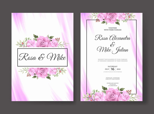 Wedding invitation template with pink rose flower set