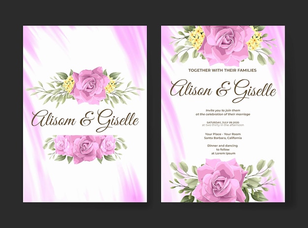 Wedding invitation template with pink rose flower set