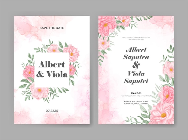 Wedding invitation template with pink rose flower watercolor