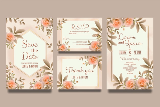 Wedding invitation template with pink roses and brown leaves