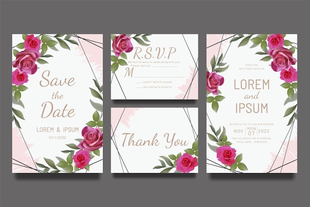 Wedding invitation template with pink roses and leaves