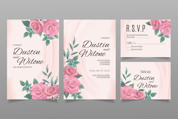 Wedding invitation template with pink roses and leaves