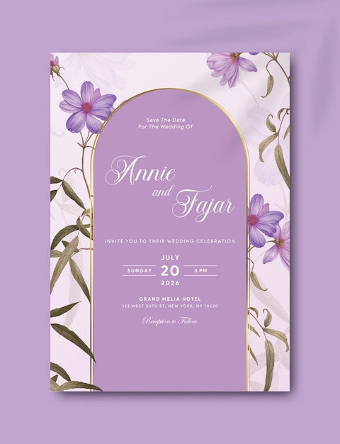 보라색 꽃 을 가진 결혼식 초대본