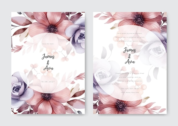 Шаблон свадебного приглашения с фиолетовой розой и цветом пиона