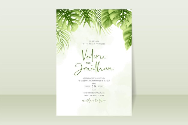 Modello di invito a nozze con foglie estive tropicali realistiche Vettore Premium