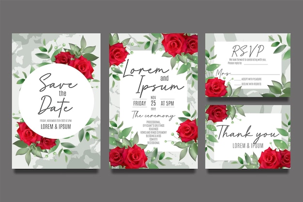 wedding invitation template with red roses and leaves