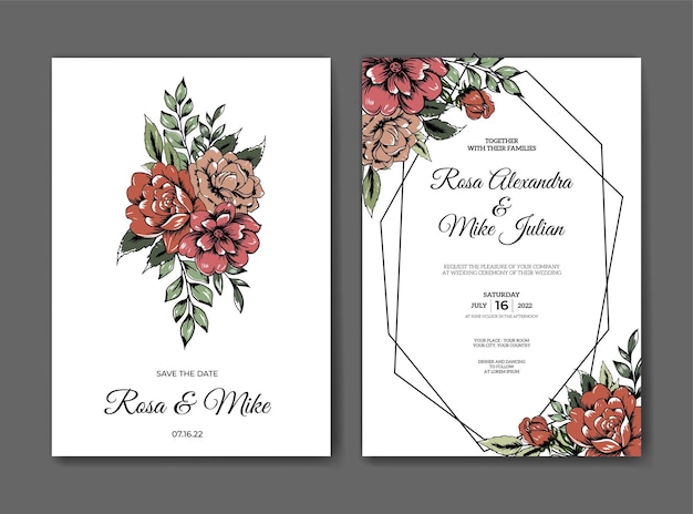 Wedding invitation template with rose flower decoration isolated