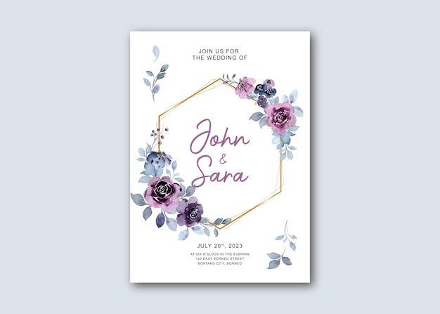 Wedding invitation template with rose flower watercolor