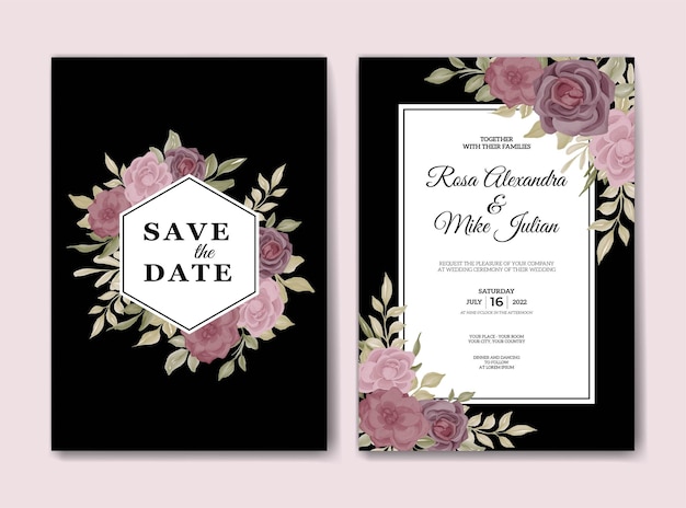 バラ紫の花の水彩画と結婚式の招待状のテンプレート