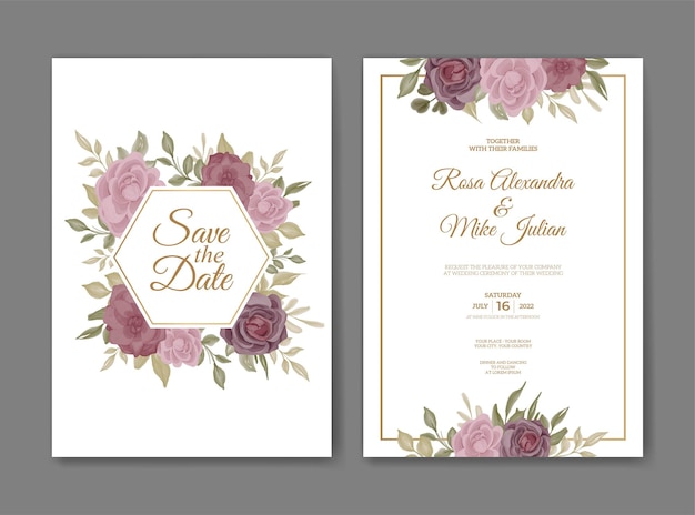 Wedding invitation template with rose purple flower watercolor