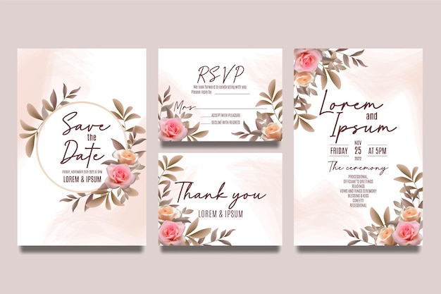 Wedding invitation template with roses and leaves