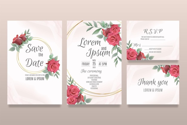 wedding invitation template with roses and leaves