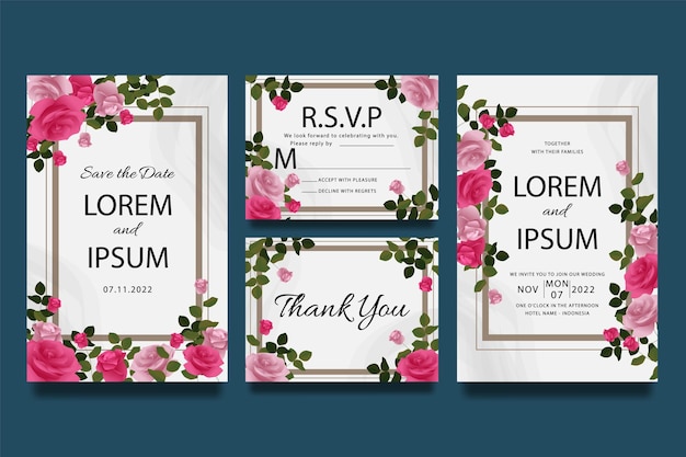 Wedding invitation template with roses pink and purple gradient and leaves