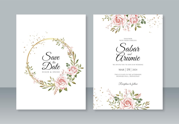 Wedding invitation template with roses watercolor painting