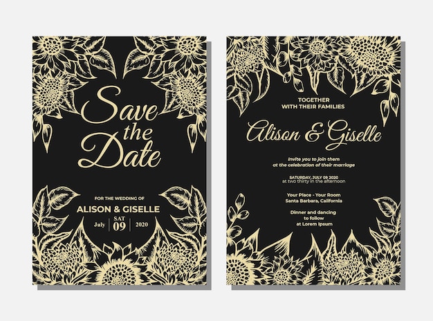 Wedding invitation template with sunflower hand drawn outline