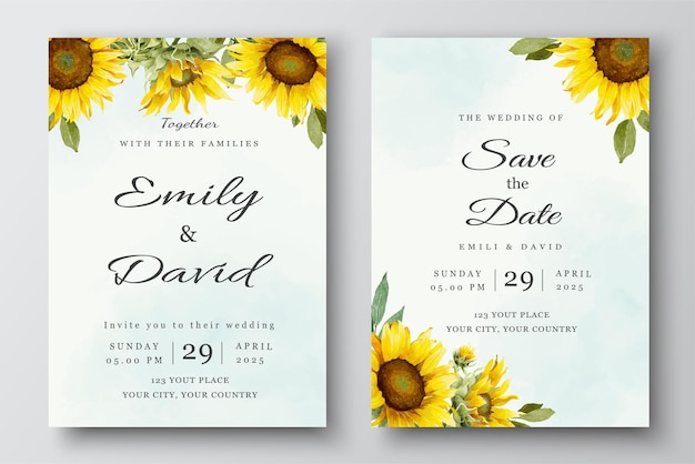 Vector wedding invitation template with sunflowers