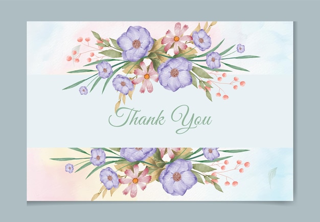 Wedding invitation template with thank you card white pink watercolor floral flower and leaves