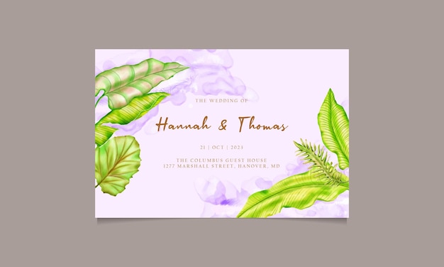 Wedding invitation template with tropical leaf frame