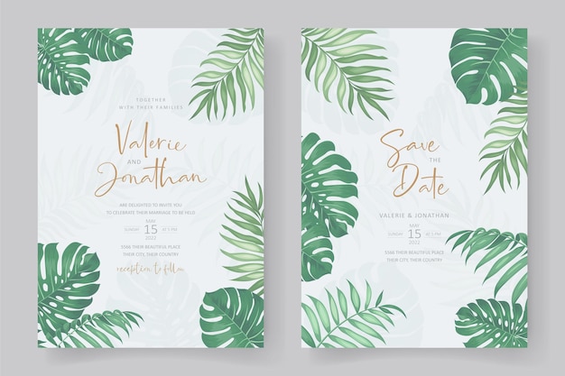 Wedding invitation template with tropical leaf ornament