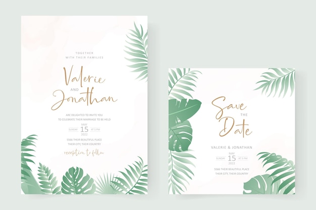 Wedding invitation template with tropical palm leaf design