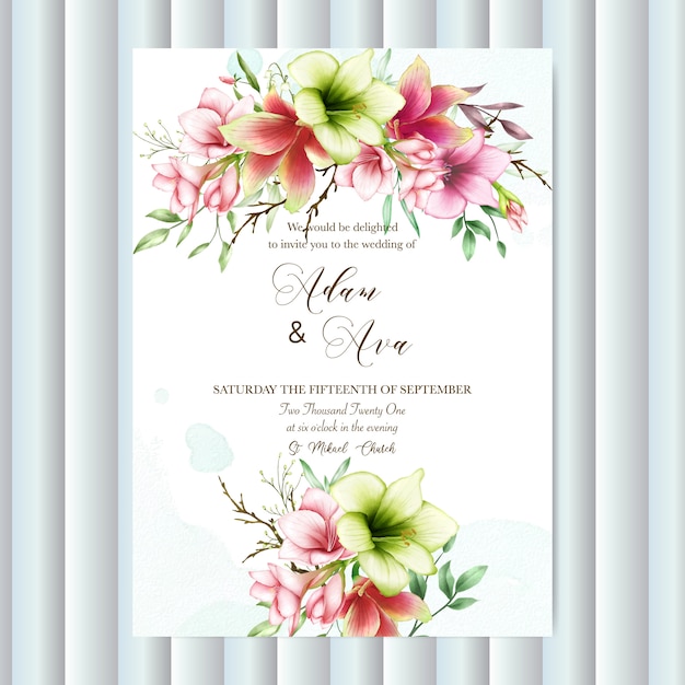 Шаблон свадебного приглашения с акварельными цветами амариллис