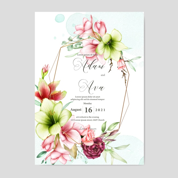 wedding invitation template with watercolor amaryllis and rose flowers