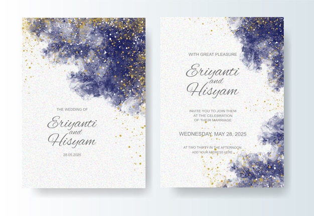 Wedding invitation template with watercolor background and splash