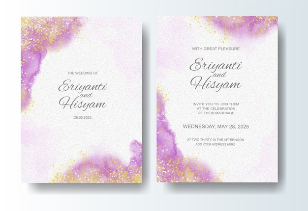 Wedding invitation template with watercolor background and splash