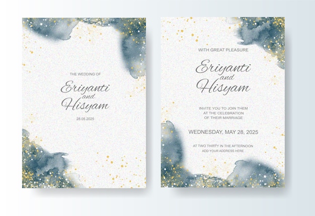 Vector wedding invitation template with watercolor background and splash