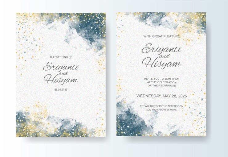 Vector wedding invitation template with watercolor background and splash