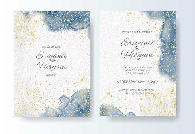 Wedding invitation template with watercolor background and splash
