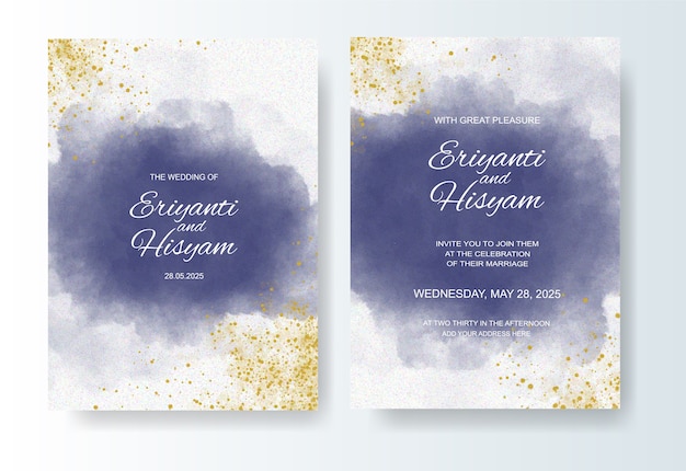 Wedding invitation template with watercolor background and splash