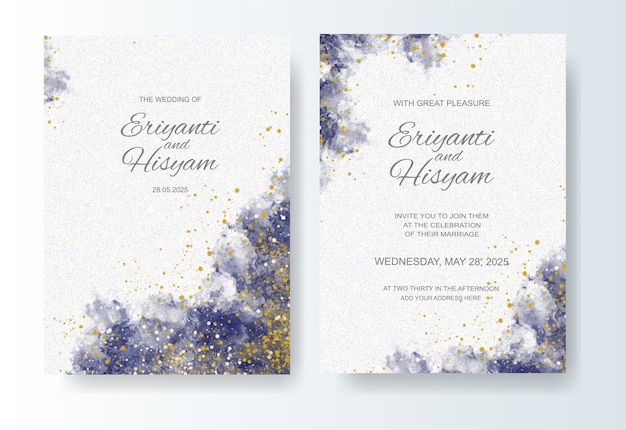 Vector wedding invitation template with watercolor background and splash