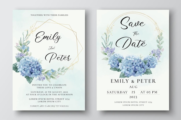 Wedding invitation template with watercolor blue hydrangea flowers and eucalyptus leaves