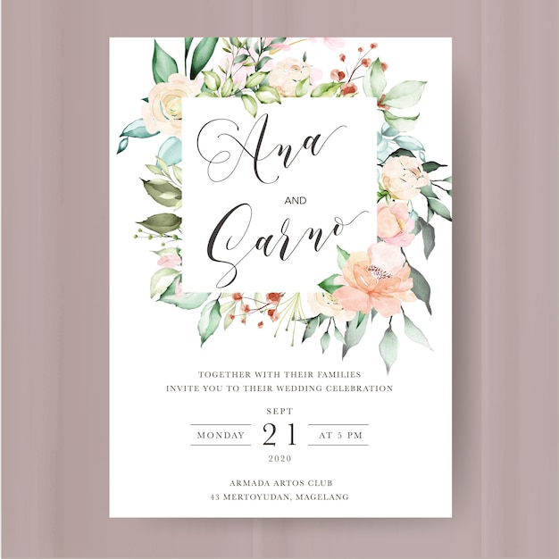 Vector wedding invitation template with watercolor floral and leaves