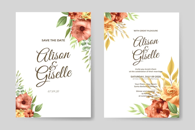 Wedding invitation template with watercolor flower set