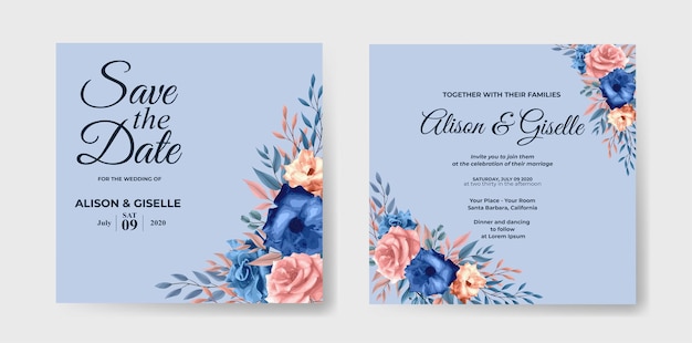 Wedding invitation template with watercolor flower set