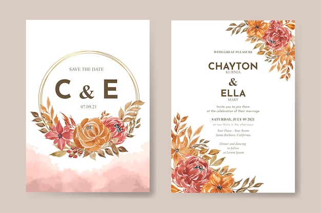 Wedding invitation template with watercolor flower set