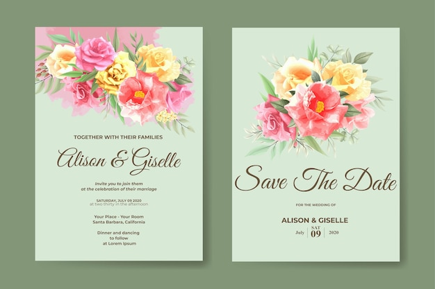 Wedding invitation template with watercolor flower set