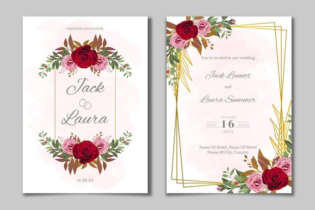 水彩花と結婚式の招待状のテンプレート