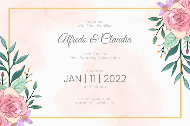 Wedding invitation template with watercolor flowers