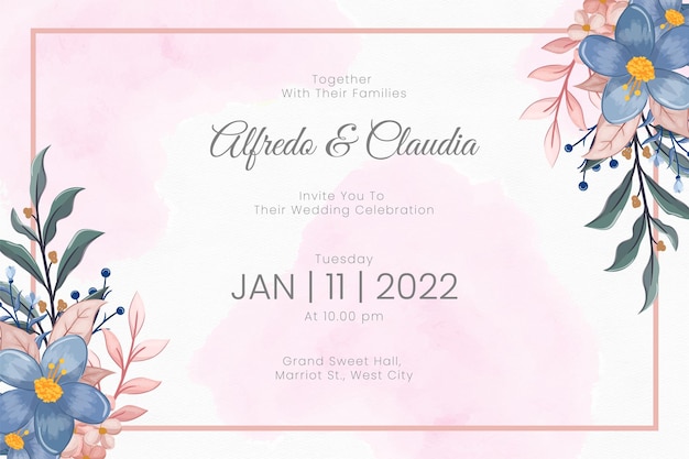 Wedding invitation template with watercolor flowers