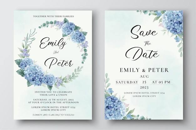 Wedding invitation template with watercolor hydrangea flowers and eucalyptus leaves