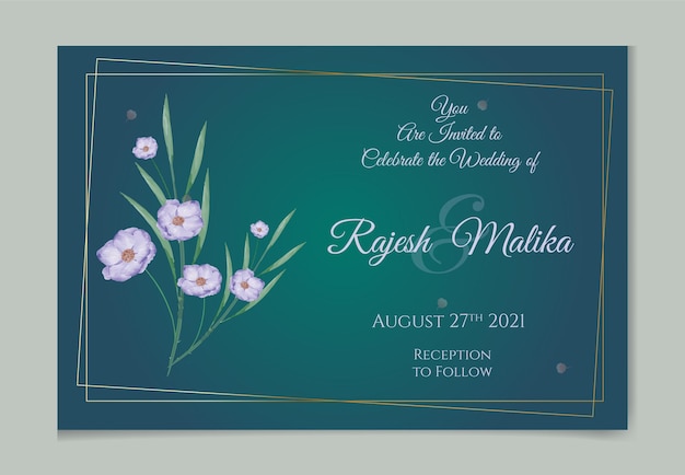 Wedding invitation template with watercolor leaves and flowers