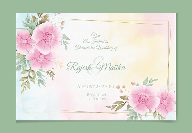 Wedding invitation template with watercolor leaves and flowers