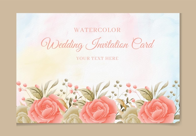 Wedding invitation template with watercolor leaves and flowers