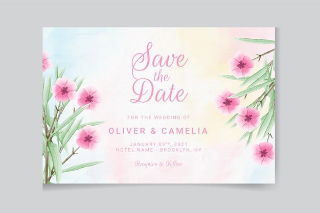 Wedding invitation template with watercolor leaves and flowers.