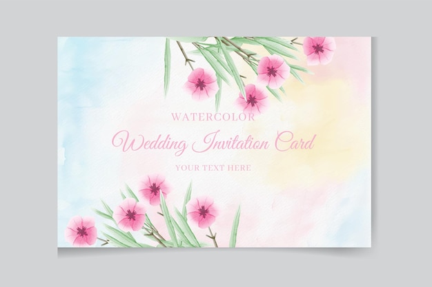 Wedding invitation template with watercolor leaves and flowers.